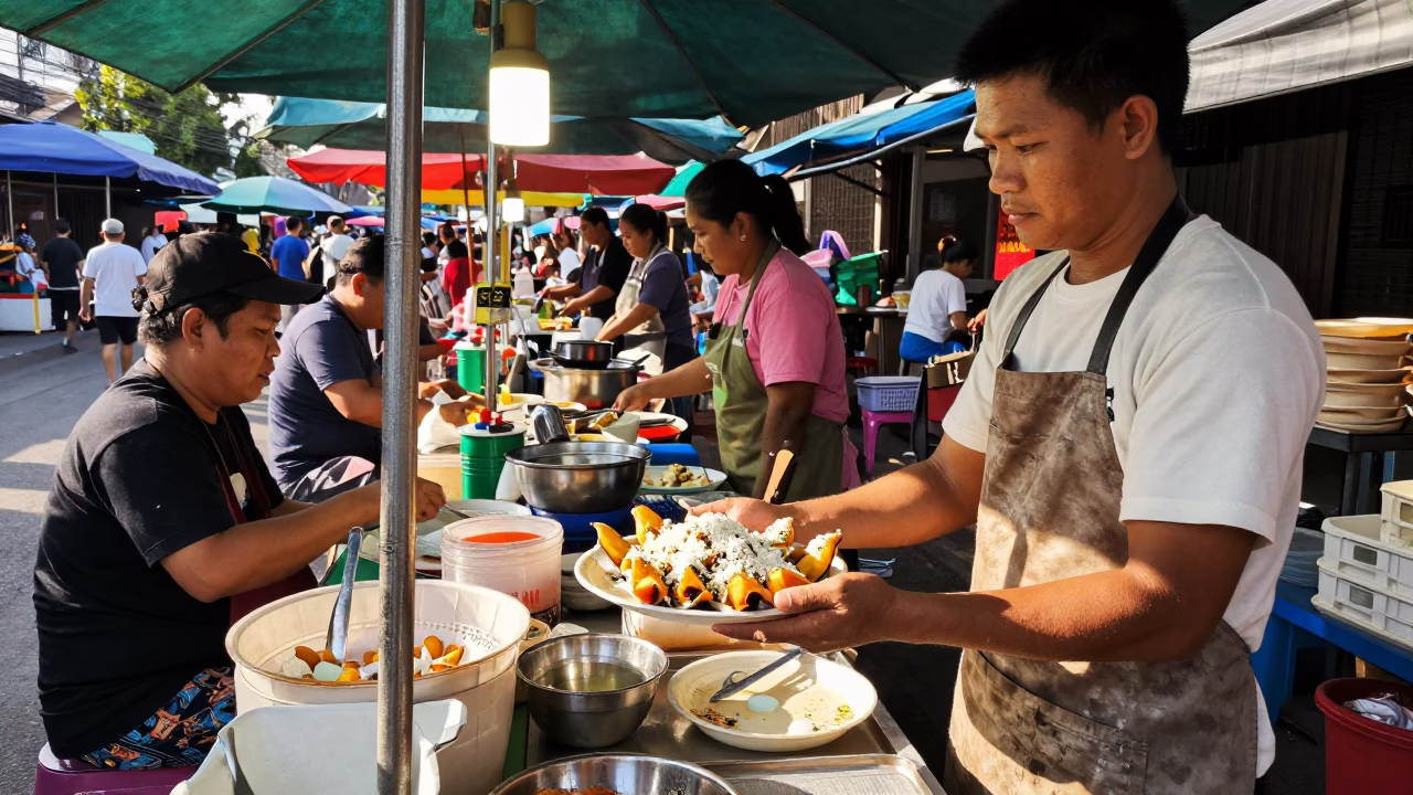 Chiang Mai Food Stall at Bright Midmorning Light in in Chiang Mai, Thailand