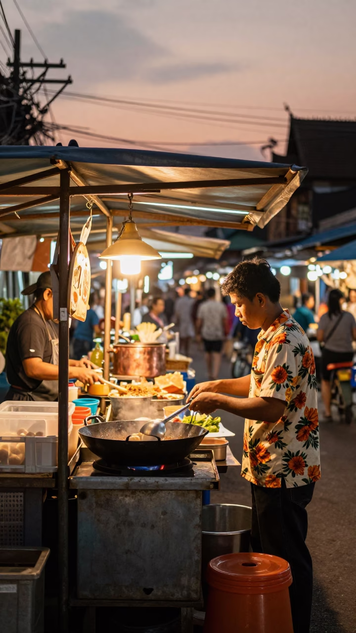 Chiang Mai Food Stall at Copper-toned Light Before Dusk in in Chiang Mai, Thailand
