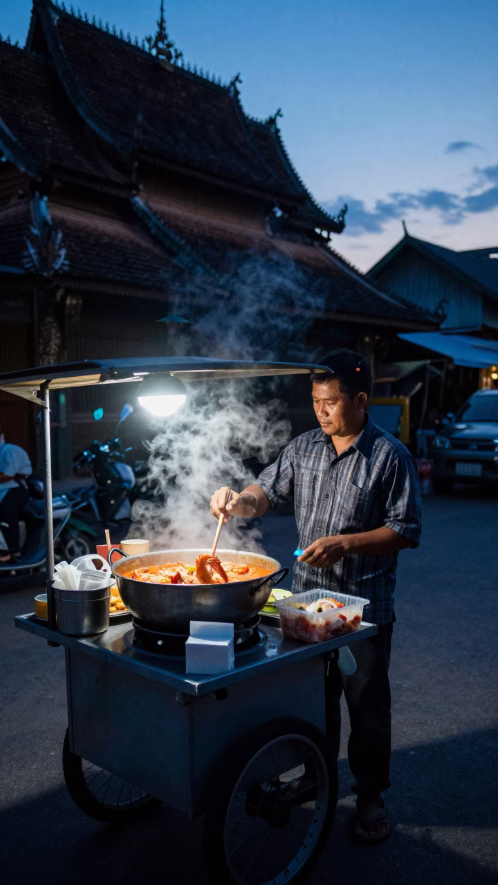 Chiang Mai Food Vendor at Sunrise Light in in Chiang Mai, Thailand