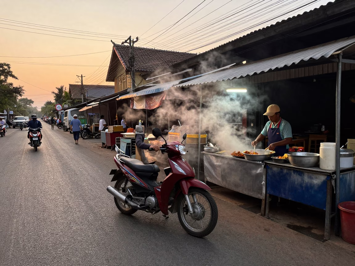 Chiang Mai Golden Hour Street Scene with Motorcycle and Steam from Food Stall in in Chiang Mai, Thailand