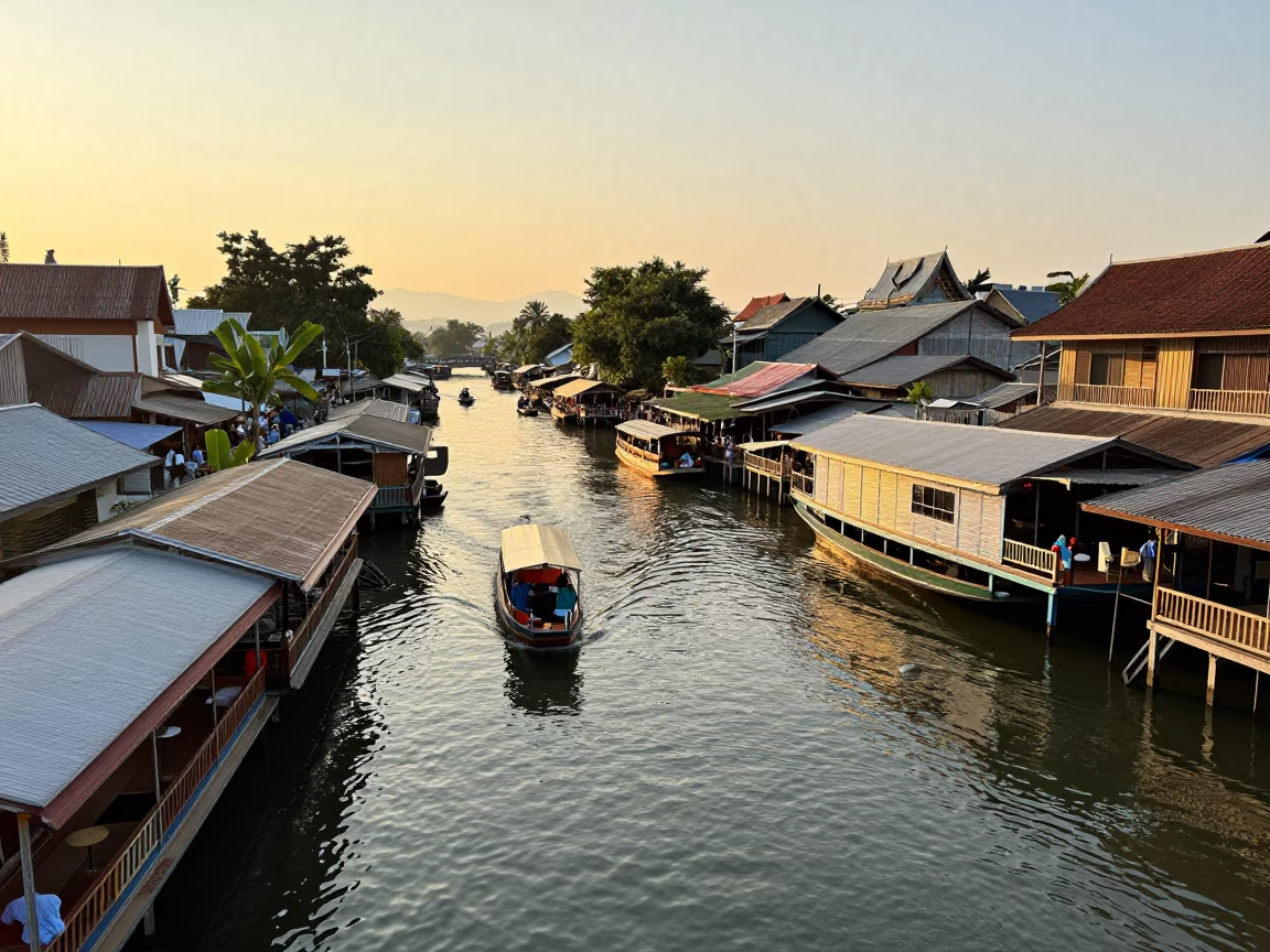 Chiang Mai Golden Hour Street Scene with Water Taxi and Local Life in in Chiang Mai, Thailand