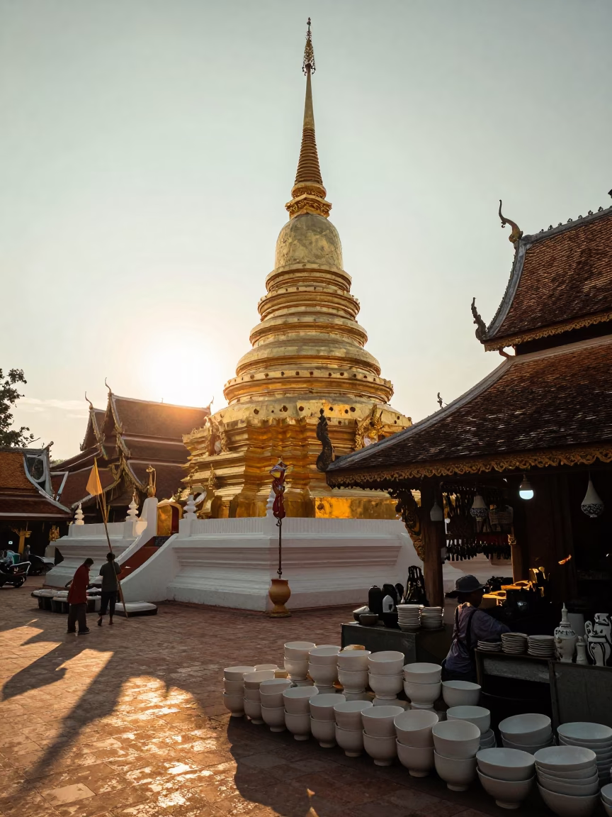 Chiang Mai Lanna Style Temple Stupa And Nisa Ceramic Shop Display just after sunrise in in Chiang Mai, Thailand
