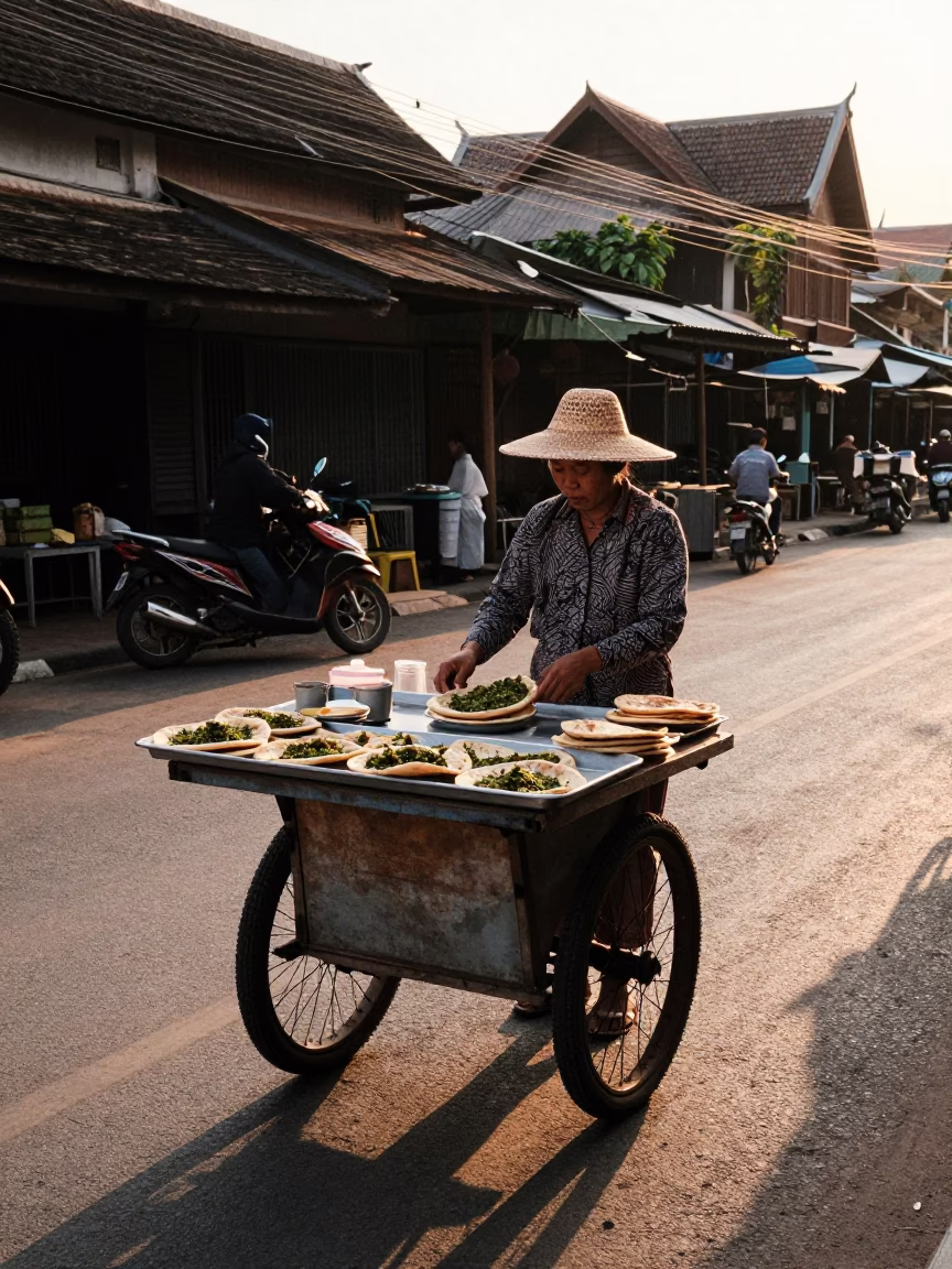 Chiang Mai Late Afternoon Street Scene with Traditional Food and Local Life in in Chiang Mai, Thailand