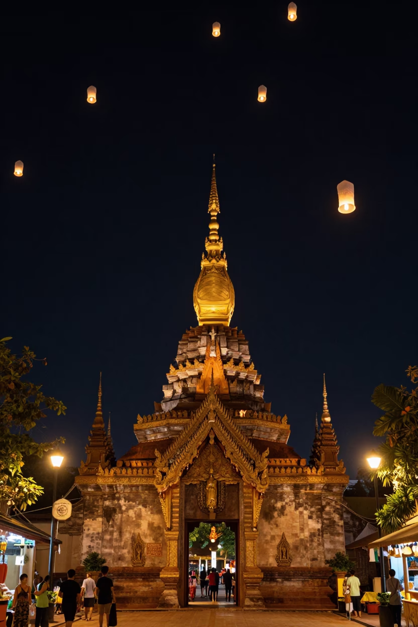 Chiang Mai Loy Krathong Festival Night Sky Lanterns Over Tha Phae Gate in in Chiang Mai, Thailand