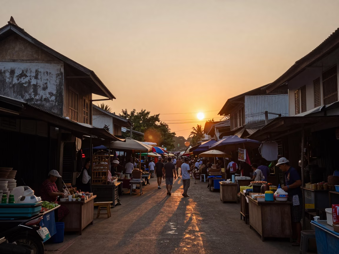 Chiang Mai Market Scene at As The Sun Drops Toward The Horizon in in Chiang Mai, Thailand