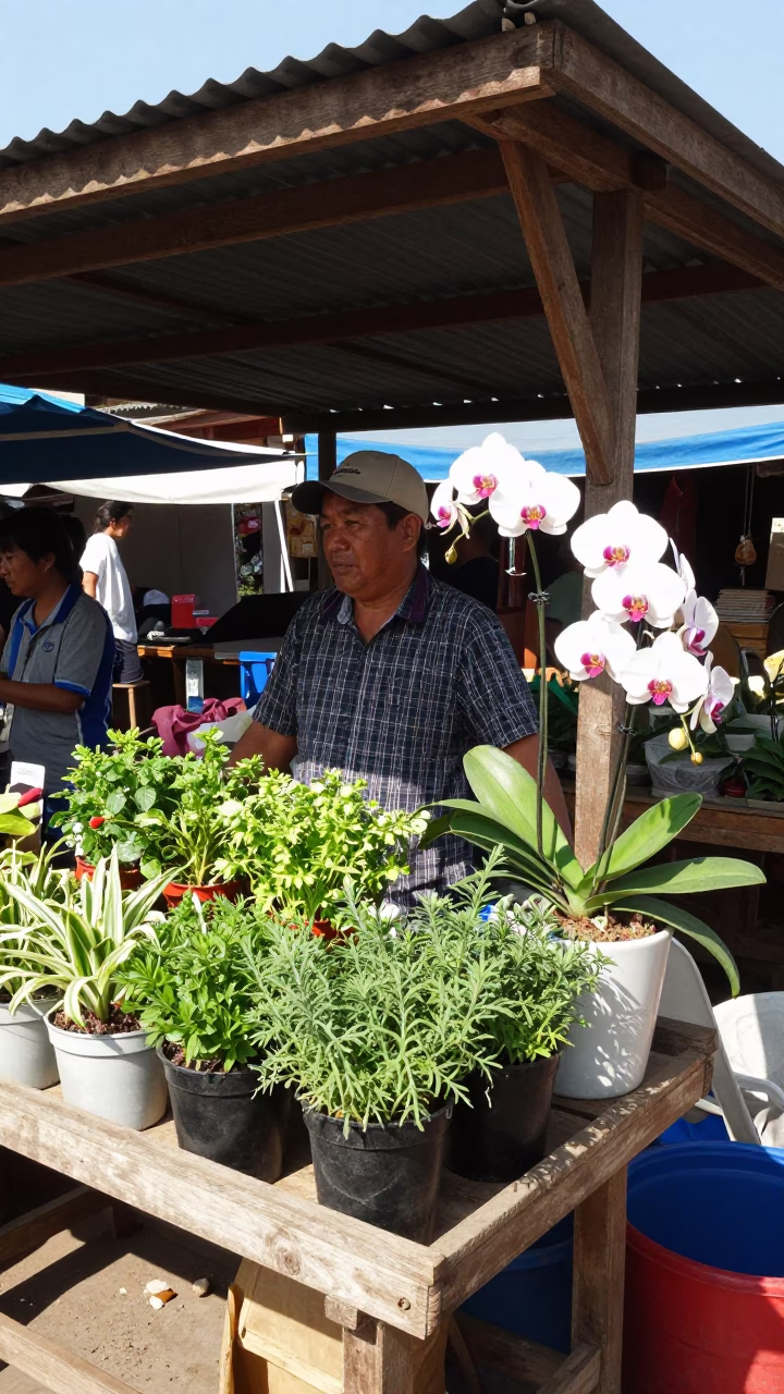 Chiang Mai Market Stall with Vanilla Orchids and Potted Herbs Under Noon Sun in in Chiang Mai, Thailand
