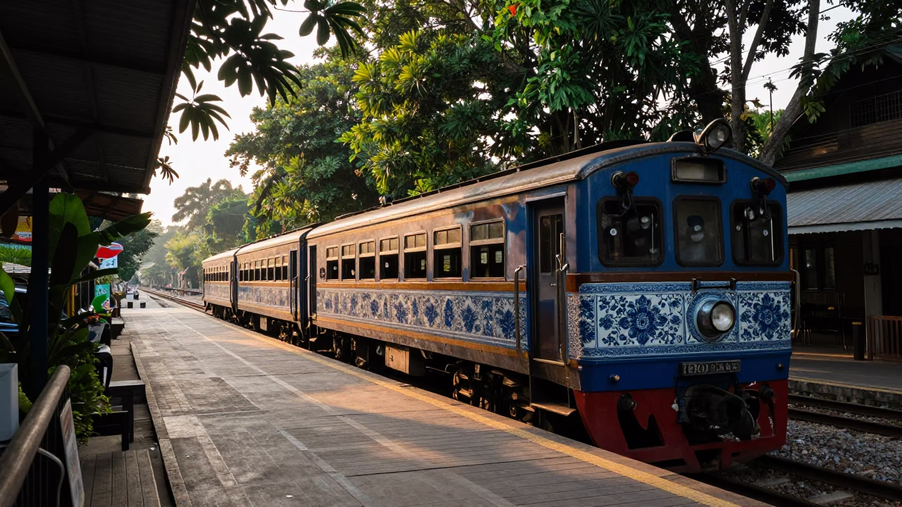 Chiang Mai Morning Light on Narrow Gauge Train and Porcelain Jar in in Chiang Mai, Thailand
