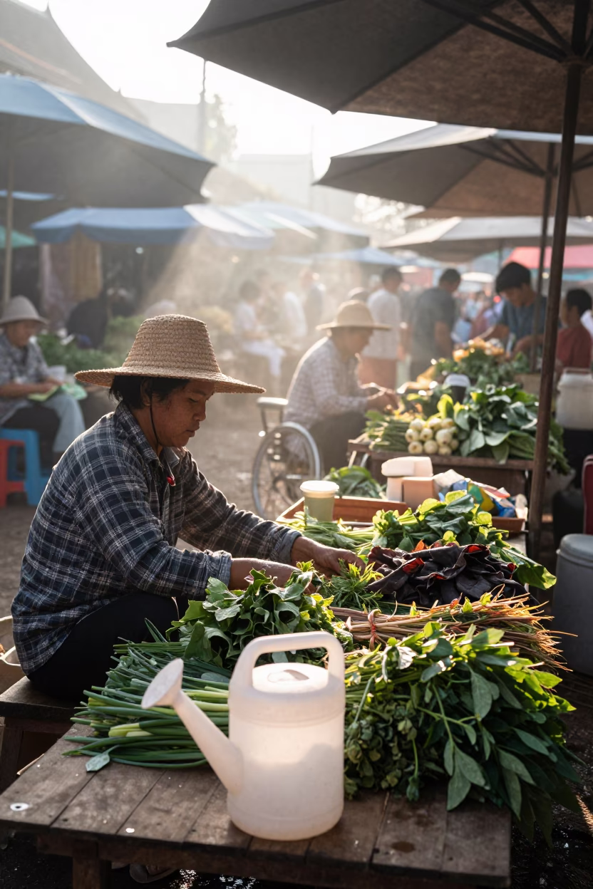 Chiang Mai Morning Market Scene with Vendor and Watering Jug After Sunrise in in Chiang Mai, Thailand