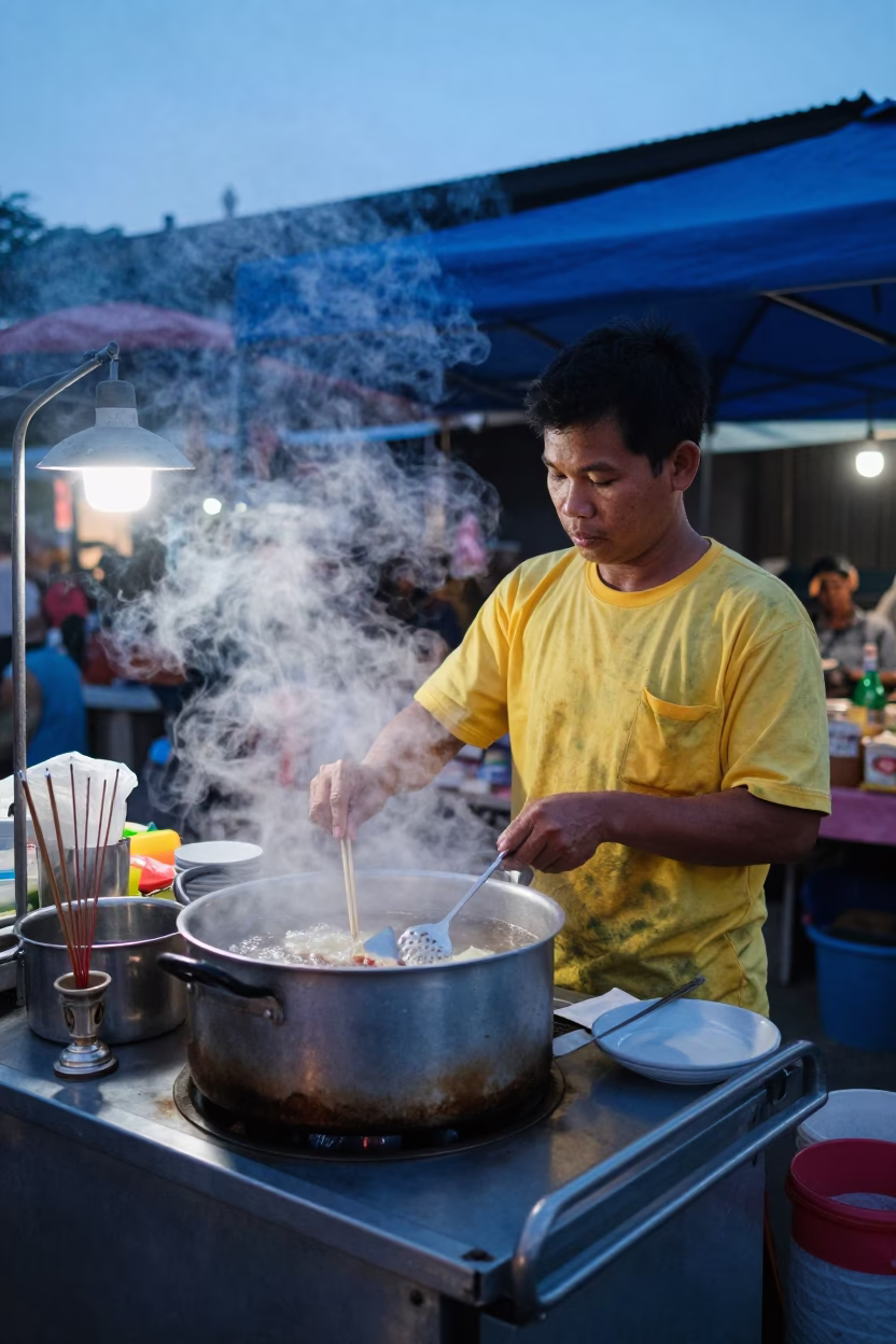 Chiang Mai morning market vendor preparing breakfast with incense holder and steam in in Chiang Mai, Thailand