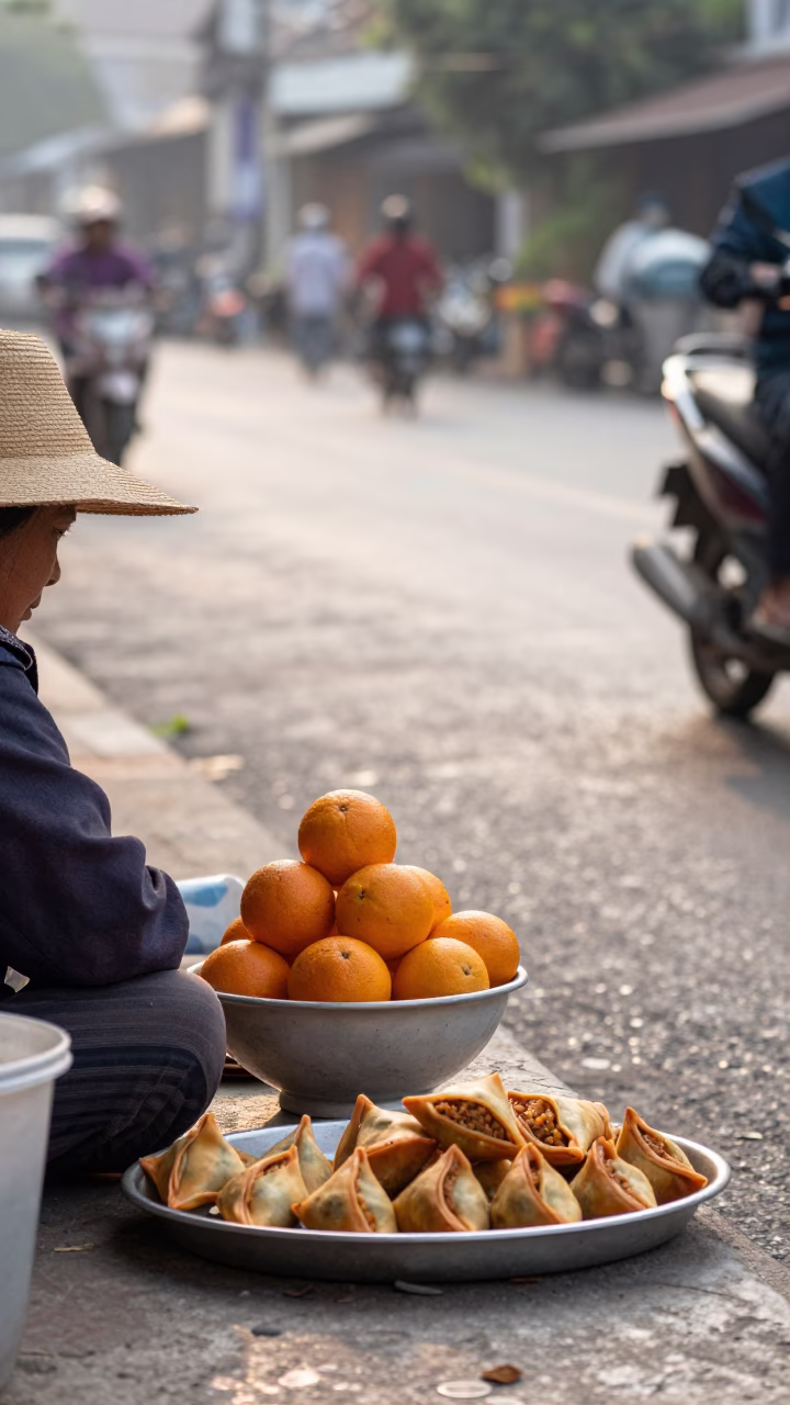 Chiang Mai Morning Street Scene with Fruit Bowl and Sambusa Tray in in Chiang Mai, Thailand