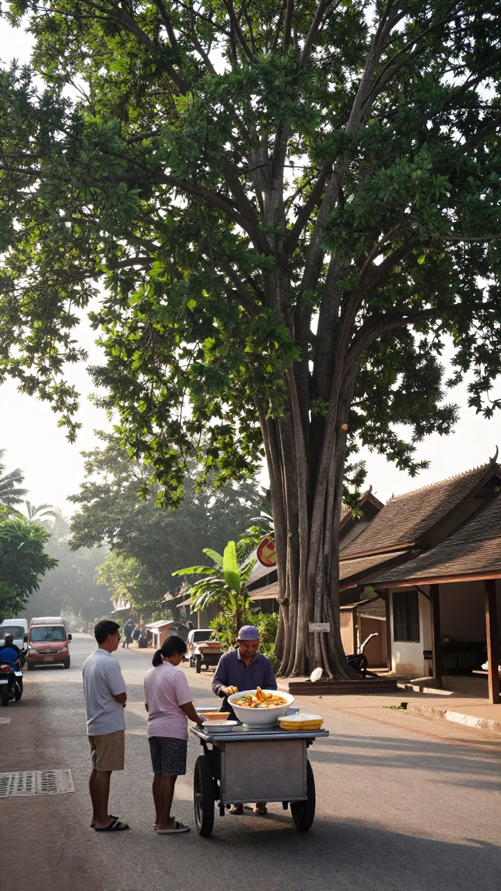 Chiang Mai Morning Street Scene with Kapok Tree and Local Breakfast in in Chiang Mai, Thailand
