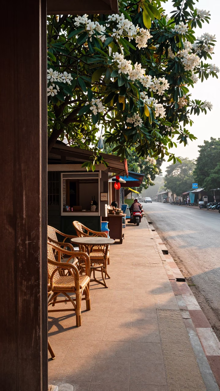 Chiang Mai Morning Street Scene with Rattan Furniture and Local Life After Sunrise in in Chiang Mai, Thailand