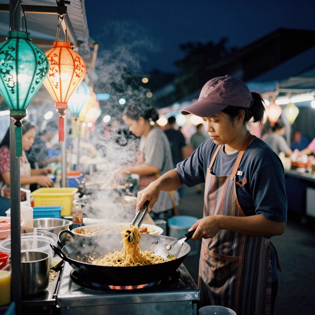 Chiang Mai Night Market Street Food Vendor Preparing Pad Thai Under Neon Lights in in Chiang Mai, Thailand