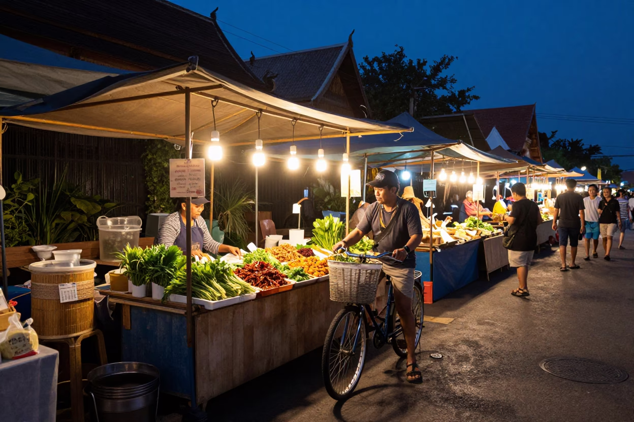 Chiang Mai Night Market Street Scene with Bicycle Basket in Indigo Twilight in in Chiang Mai, Thailand