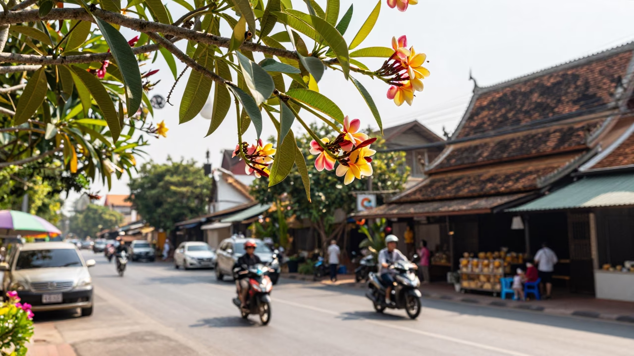 Chiang Mai Noon Street Scene with Frangipani Branch and Local Market Details in in Chiang Mai, Thailand