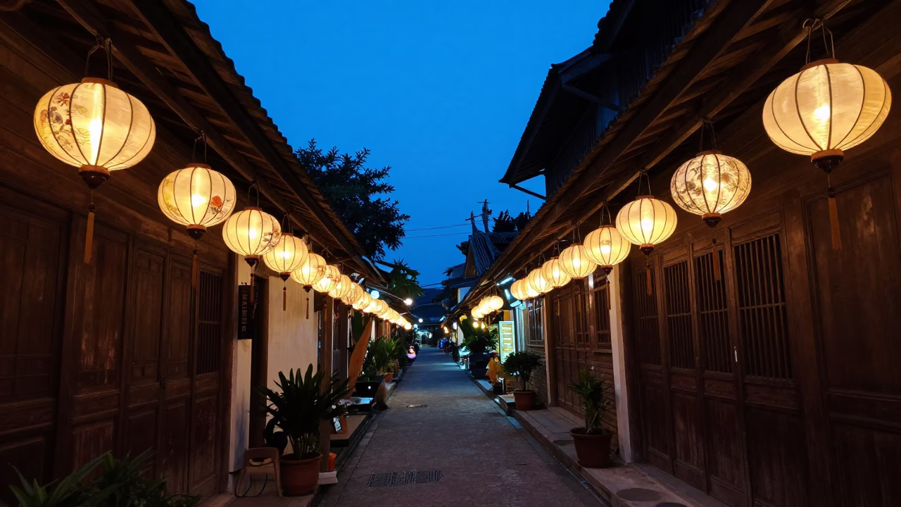 Chiang Mai Old Town Alley Lanterns Evening Street Scene in in Chiang Mai, Thailand