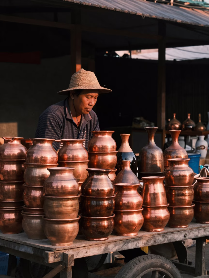 Chiang Mai Pottery Market Stacked Wares Copper Toned Dusk Light in in Chiang Mai, Thailand