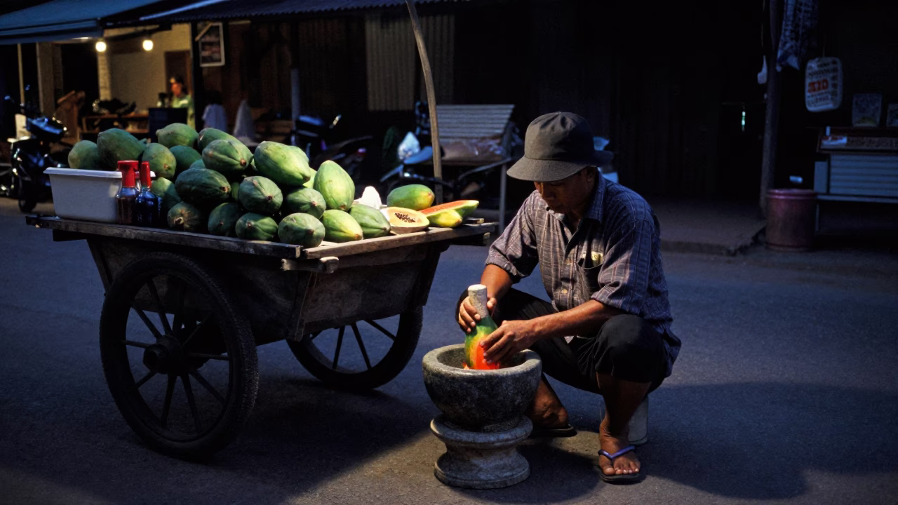 Chiang Mai Som Tam at The Predawn Darkness Light in in Chiang Mai, Thailand