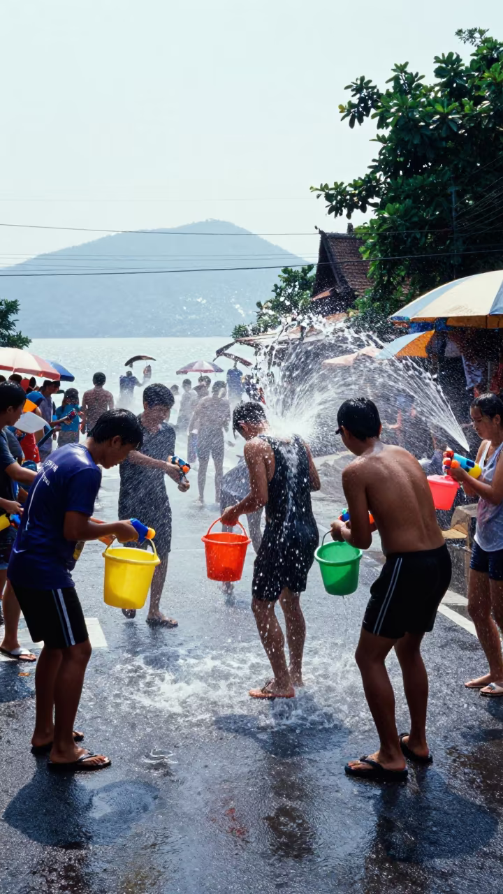 Chiang Mai Songkran Water Fight Midday Street Celebration in at a waterfront celebration near Nimmanhaemin, Chiang Mai