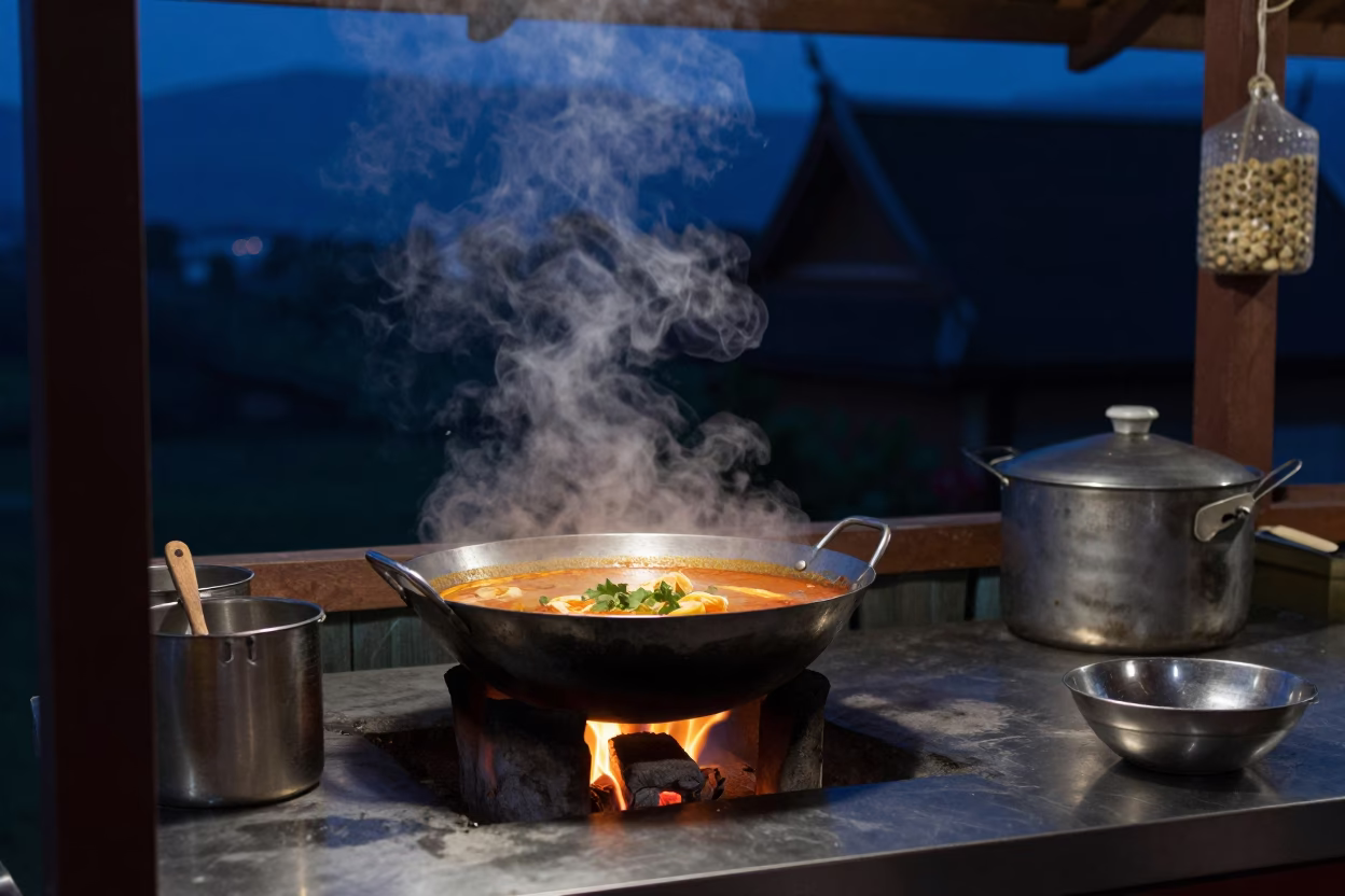 Chiang Mai Spicy Laksa at The Still Hours Before Dawn Light in in Chiang Mai, Thailand