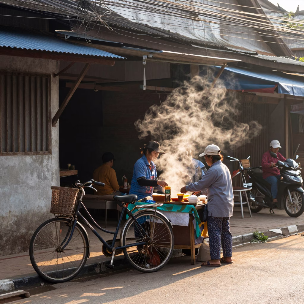 Chiang Mai Street Breakfast Scene With Bicycle And Local Vendor After Sunrise in in Chiang Mai, Thailand