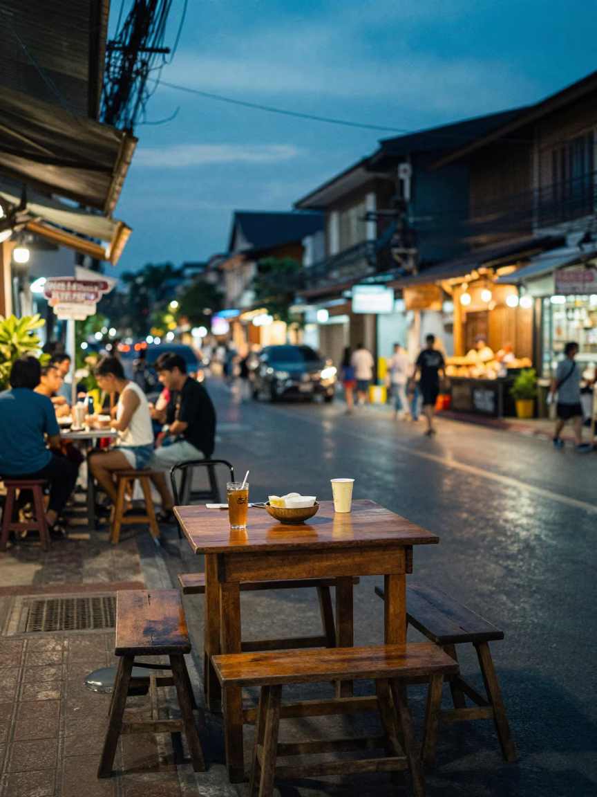 Chiang Mai Street Dining at As City Lights Begin To Glow in in Chiang Mai, Thailand