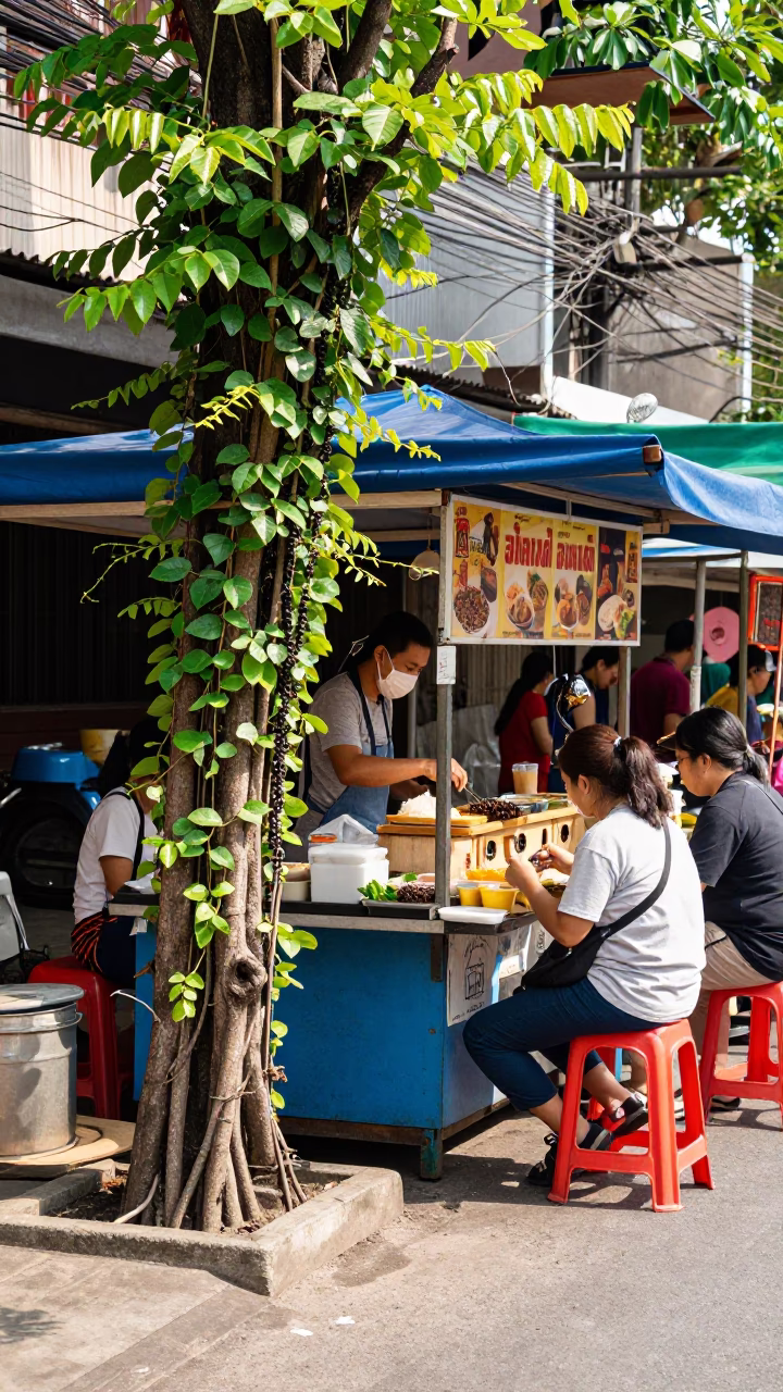Chiang Mai Street Food Stall Midday Scene with Black Pepper Vine and Local Dining in in Chiang Mai, Thailand