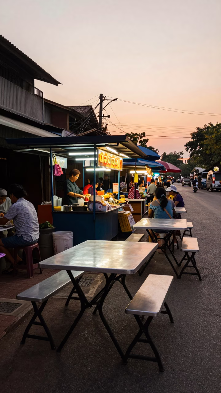 Chiang Mai Street Food Stall with Folding Tables During Golden Hour in Thailand in in Chiang Mai, Thailand