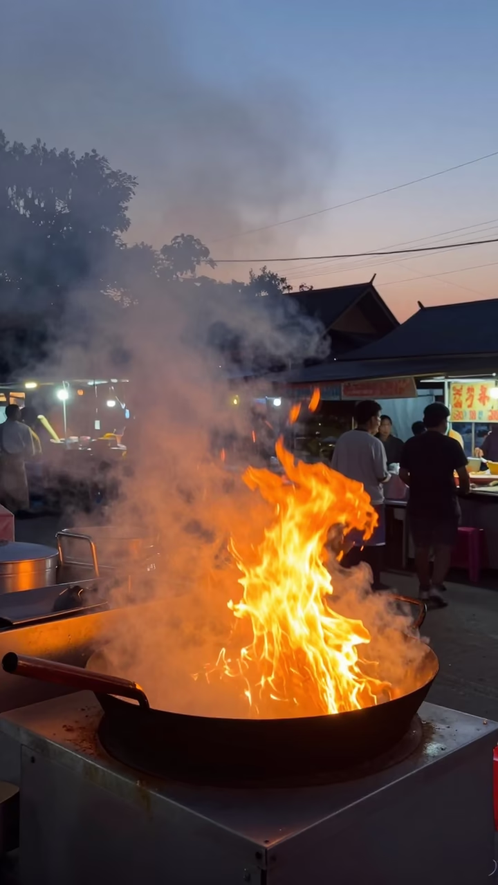 Chiang Mai street food stall wok flames rising before dawn in Thailand in in Chiang Mai, Thailand
