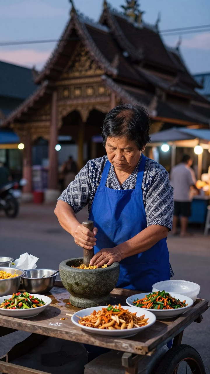 Chiang Mai Street Food Vendor Evening Scene with Mortar and Pestle in in Chiang Mai, Thailand