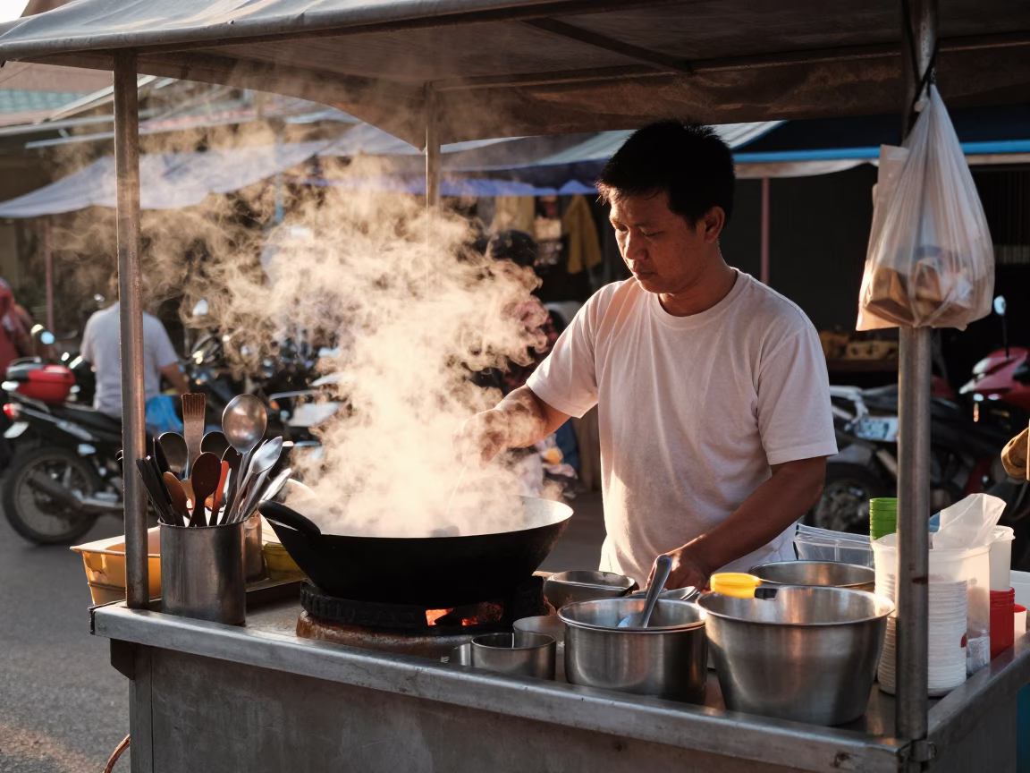 Chiang Mai Street Food Vendor Golden Hour Scene with Cooking Utensils in in Chiang Mai, Thailand