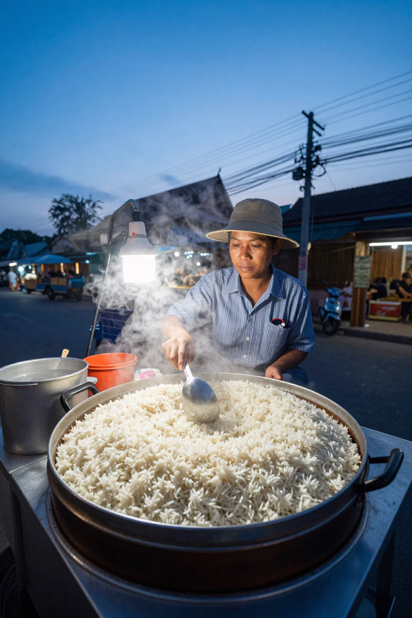 Chiang Mai street food vendor preparing jasmine rice at blue hour with steam rising in in Chiang Mai, Thailand