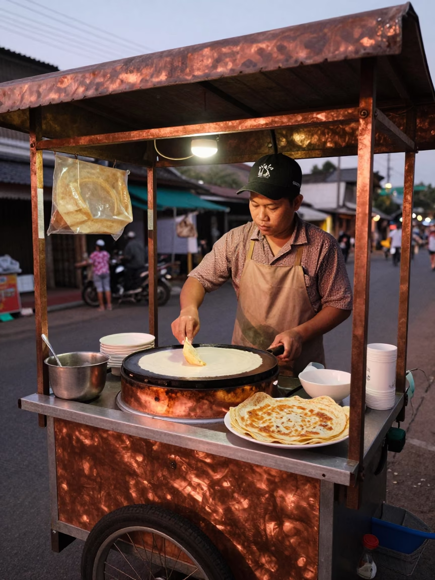 Chiang Mai Street Food Vendor Preparing Jjianbing Crepe in Warm Copper Dusk Light in in Chiang Mai, Thailand