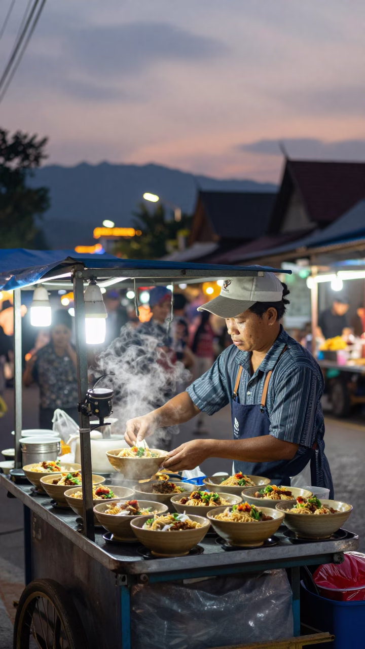 Chiang Mai street food vendor serving bowls at dusk with city lights glowing in in Chiang Mai, Thailand