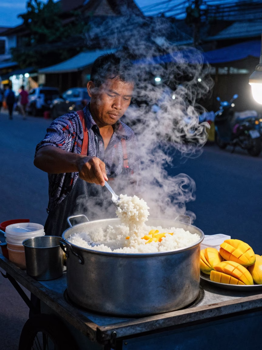 Chiang Mai street food vendor serving mango sticky rice under evening twilight blue light in in Chiang Mai, Thailand