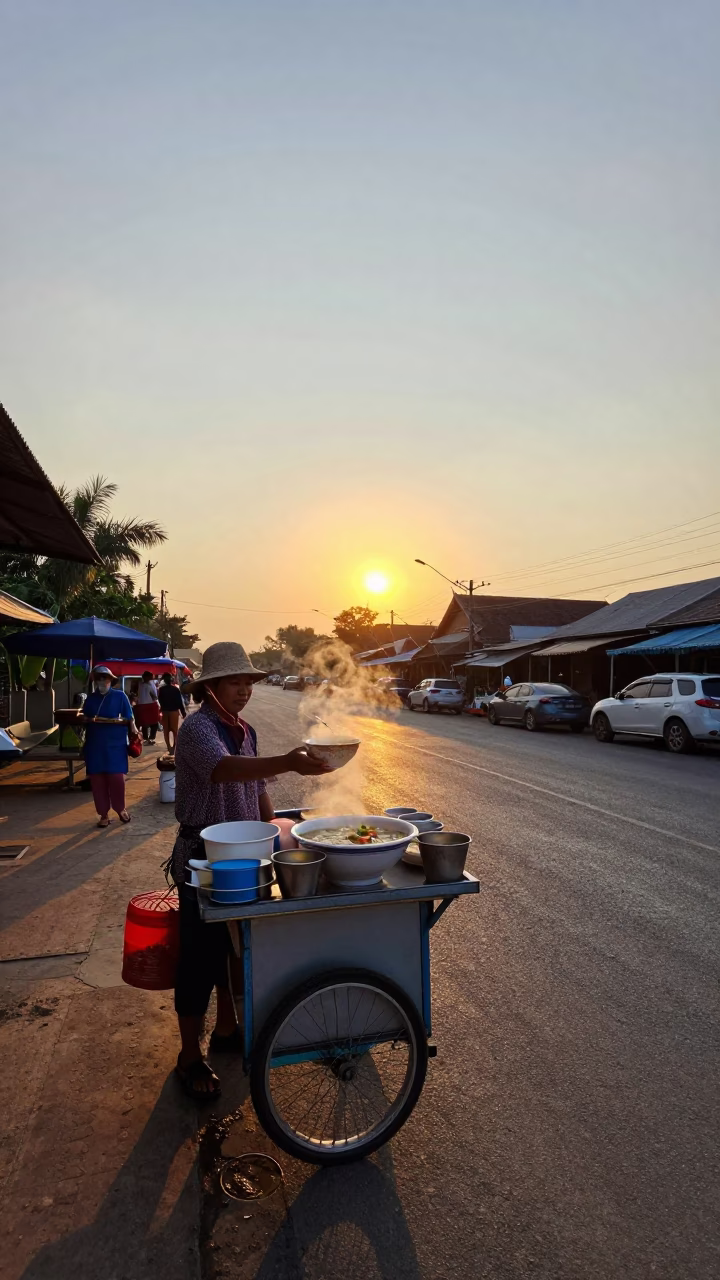 Chiang Mai street food vendor serving mohinga noodle soup at sunset in in Chiang Mai, Thailand