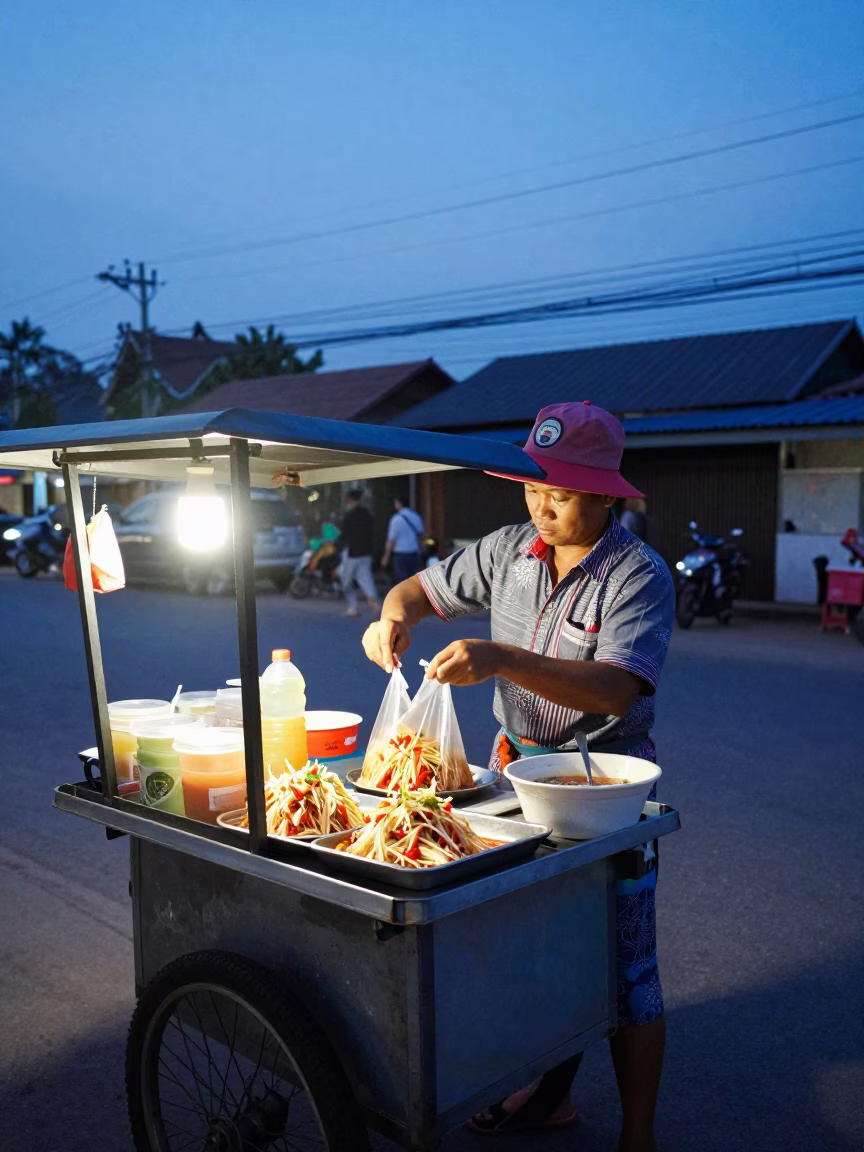 Chiang Mai street food vendor serving spicy papaya salad at blue hour in in Chiang Mai, Thailand