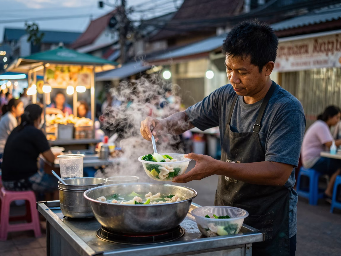Chiang Mai street food vendor serving wonton soup under evening city lights in in Chiang Mai, Thailand