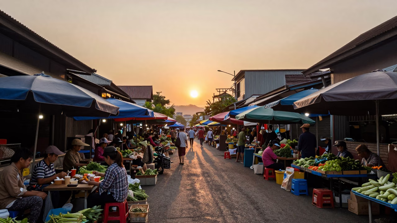 Chiang Mai Street Market at As The Sun Drops Toward The Horizon in in Chiang Mai, Thailand