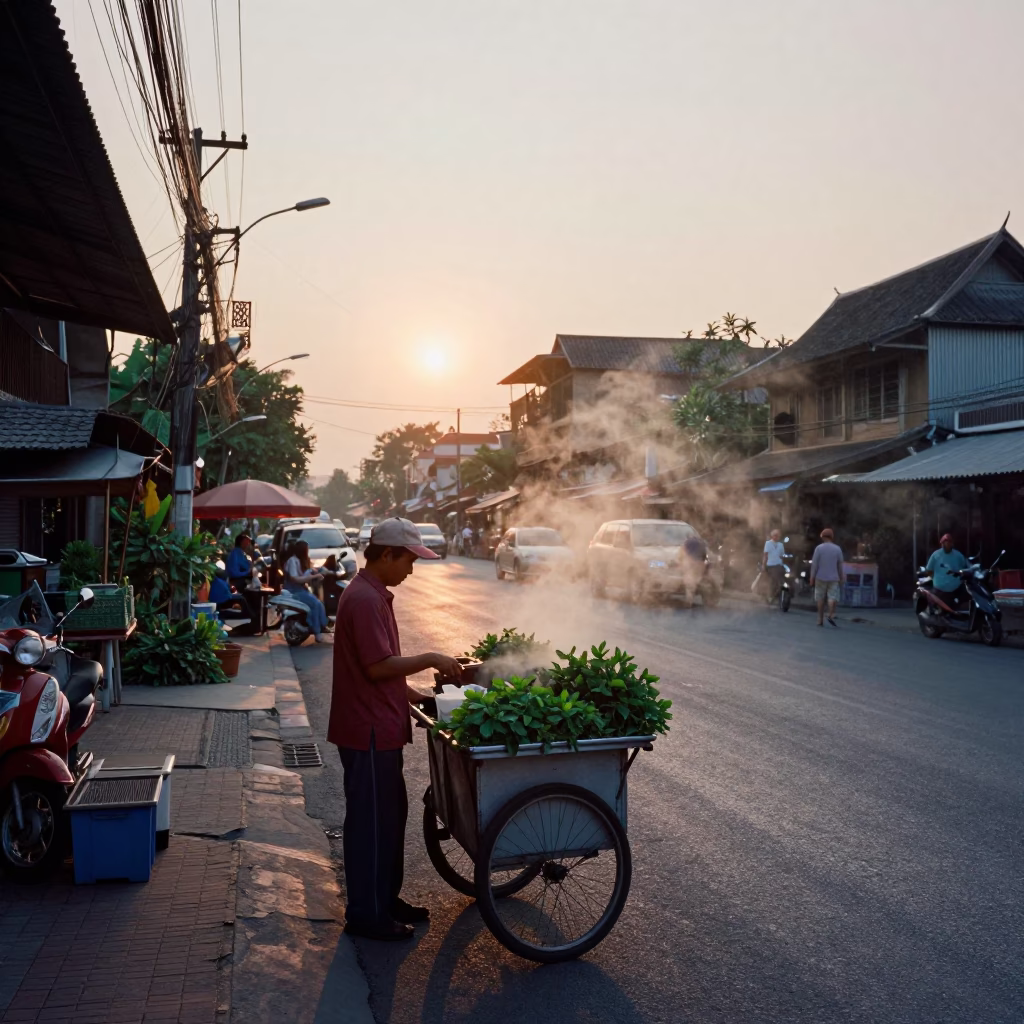 Chiang Mai Street Scene at Dusk with Steam Haze and Local Market Activity in in Chiang Mai, Thailand