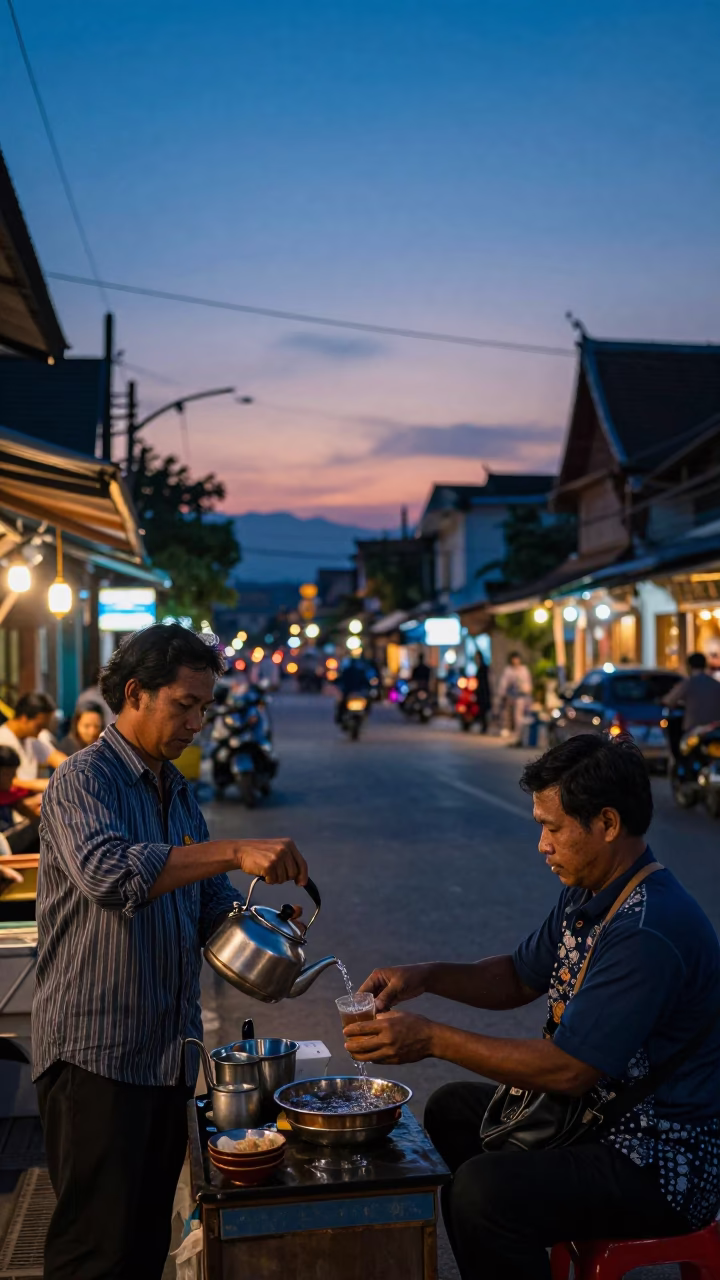 Chiang Mai Street Scene at Indigo Twilight After Sunset in in Chiang Mai, Thailand