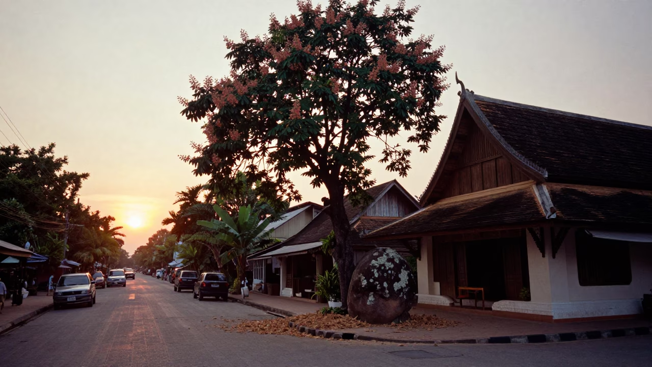 Chiang Mai Street Scene at Sunset with Chestnut Tree Husks and Lichen Boulder in in Chiang Mai, Thailand