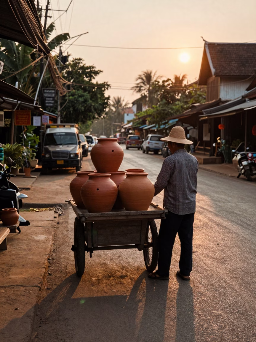 Chiang Mai street scene at sunset with clay pots and bicycle in in Chiang Mai, Thailand