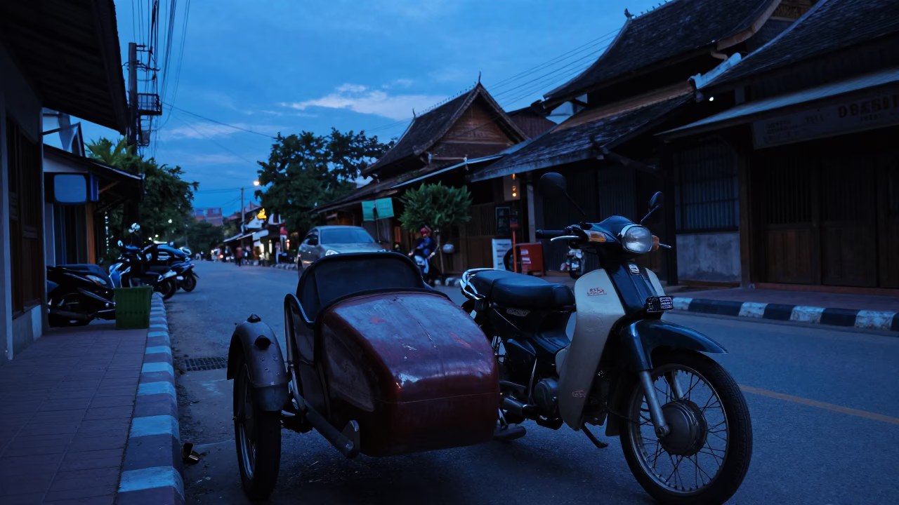 Chiang Mai street scene indigo twilight vintage motorcycle sidecar local vendor food in in Chiang Mai, Thailand