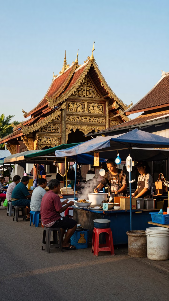 Chiang Mai Street Scene Late Afternoon Light with Khao Piak Sen and Local Interaction in in Chiang Mai, Thailand