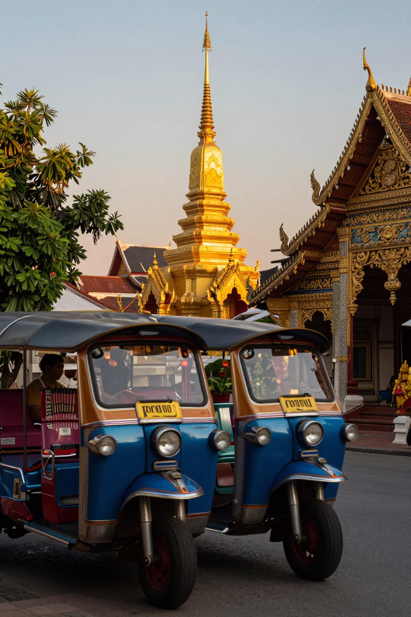 Chiang Mai Street Scene Late Afternoon with Tuk-Tuk and Local Market Activity in in Chiang Mai, Thailand