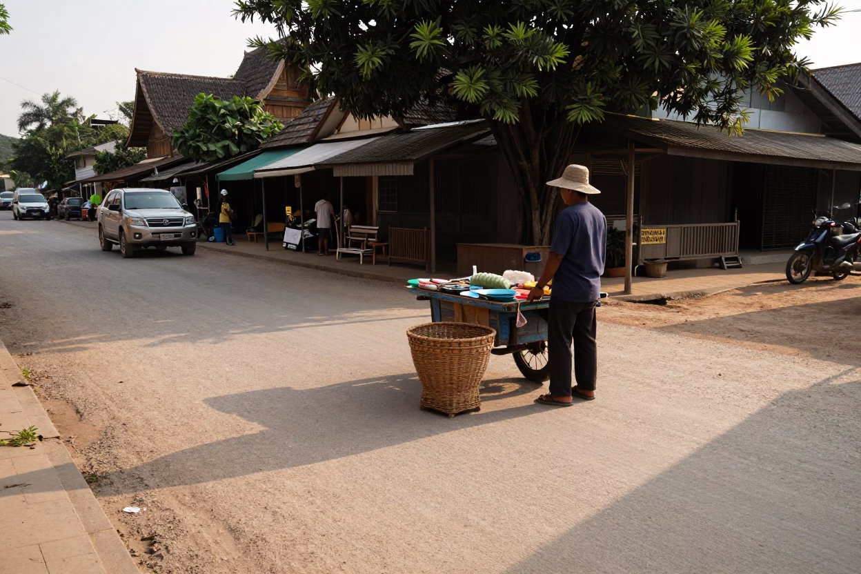 Chiang Mai Street Scene Late Afternoon with Wicker Hamper and Metal Pot in in Chiang Mai, Thailand