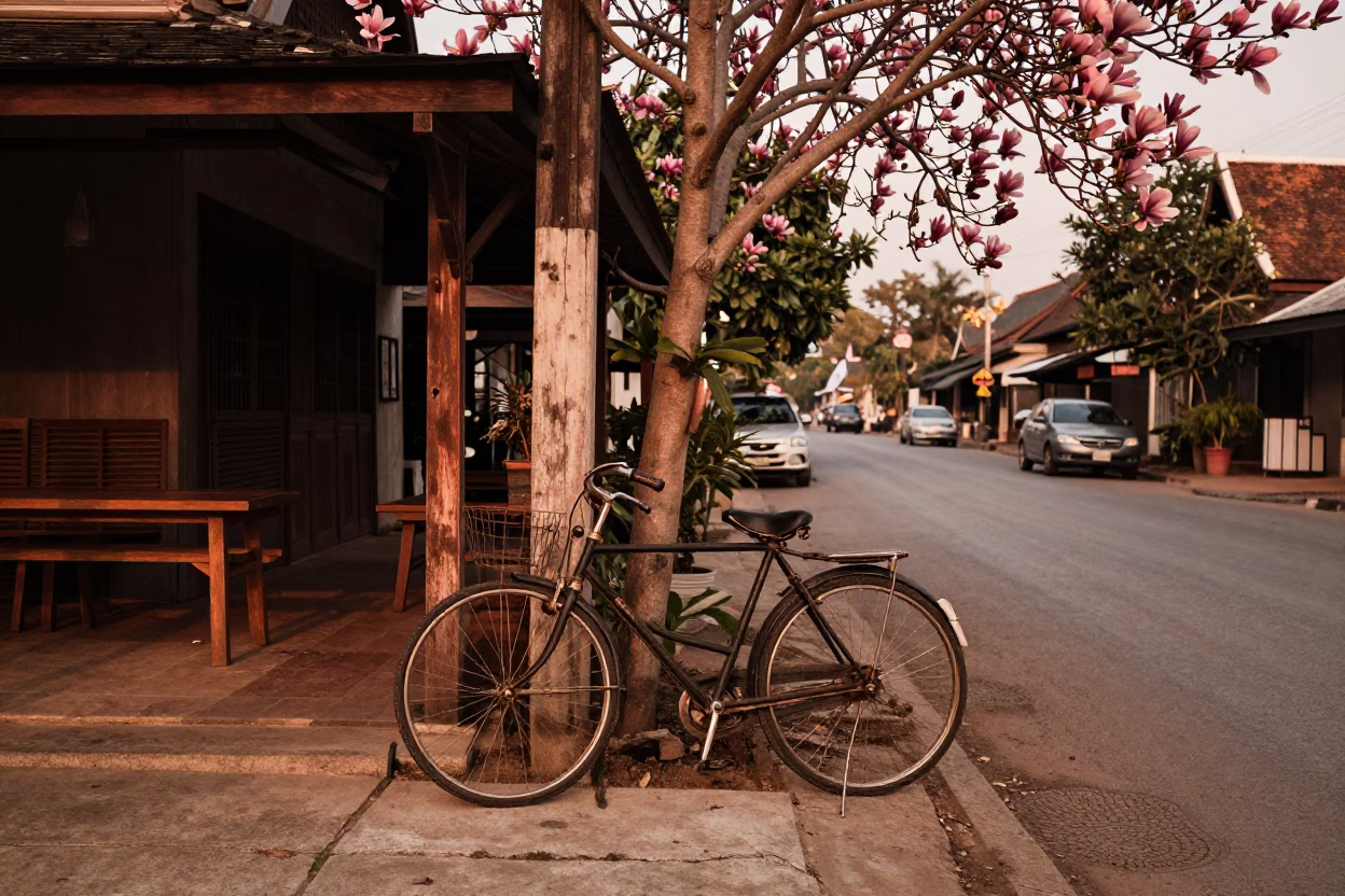 Chiang Mai Street Scene with Bicycle and Magnolia Tree in Copper Dusk Light in in Chiang Mai, Thailand