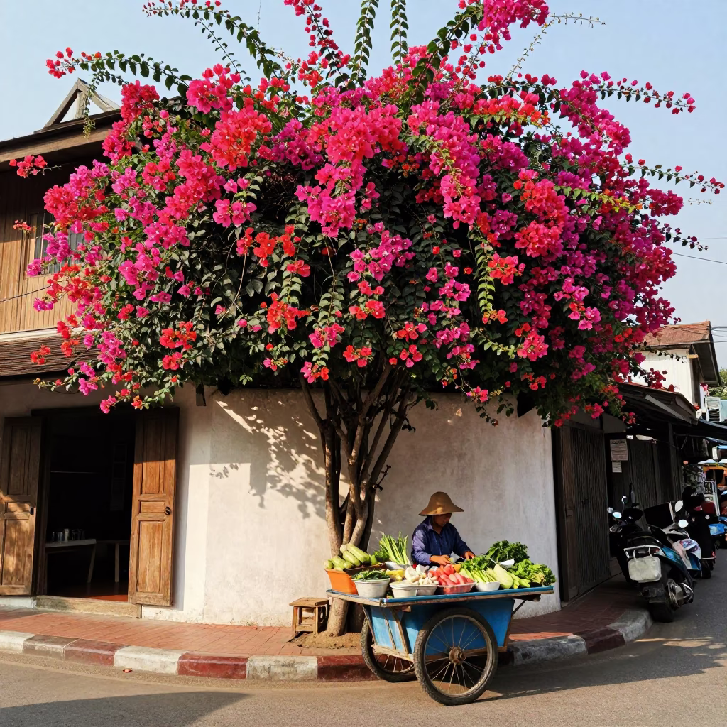 Chiang Mai Street Scene with Bougainvillea and Local Commerce in Late Morning Light in in Chiang Mai, Thailand