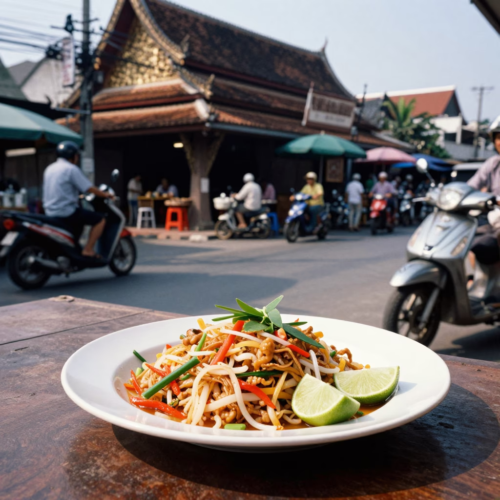 Chiang Mai Street Scene with Plate of Pad Thai and Motorcycle at Early Afternoon in in Chiang Mai, Thailand